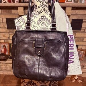 Perlina Black Leather Shoulder Bag with Front Buckle